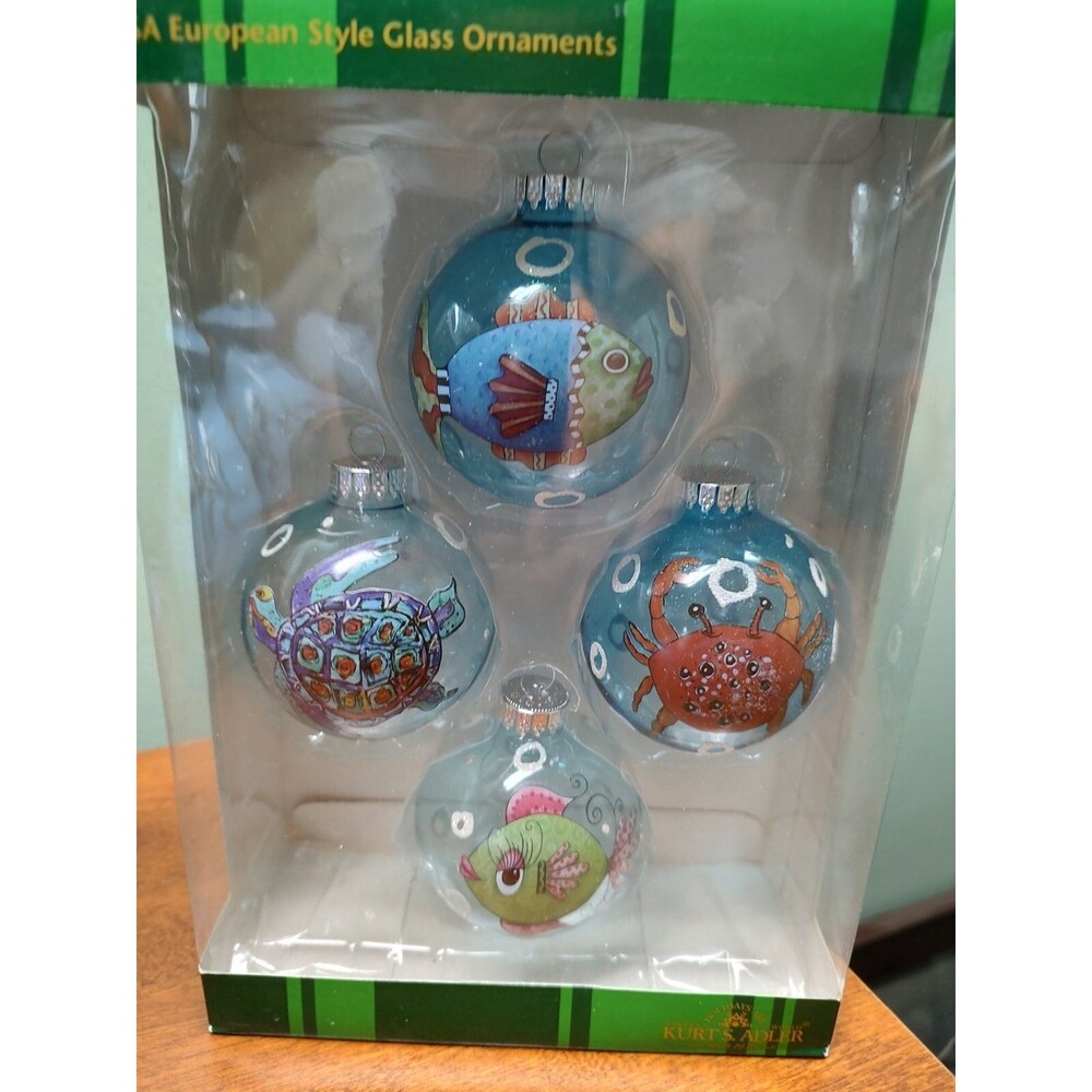 Kurt S Adler Aquatic Fish Turtle Crab Glass Ornaments Christmas 4 pc Set 2-1/2"